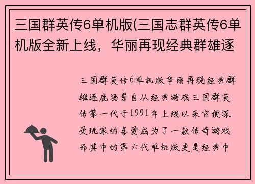 三国群英传6单机版(三国志群英传6单机版全新上线，华丽再现经典群雄逐鹿场景)